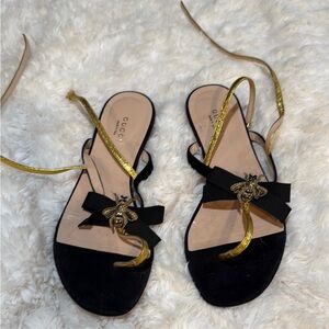 Gucci Black and Gold moody bow Women's thong Sandals Elegant Size 38